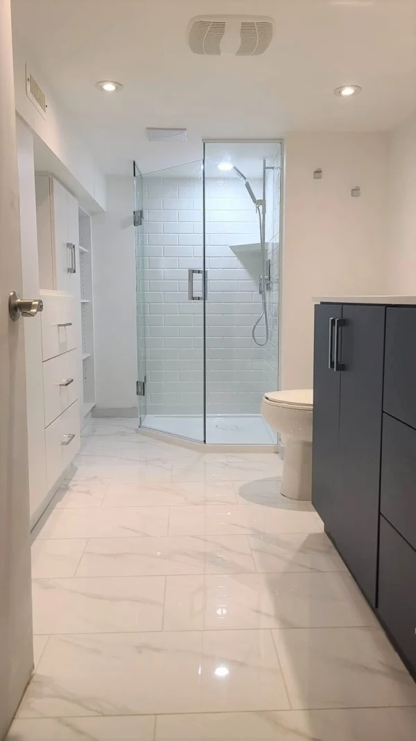 Toronto Basement Bathroom Renovation Acrylic Walls Custom Cabinetry